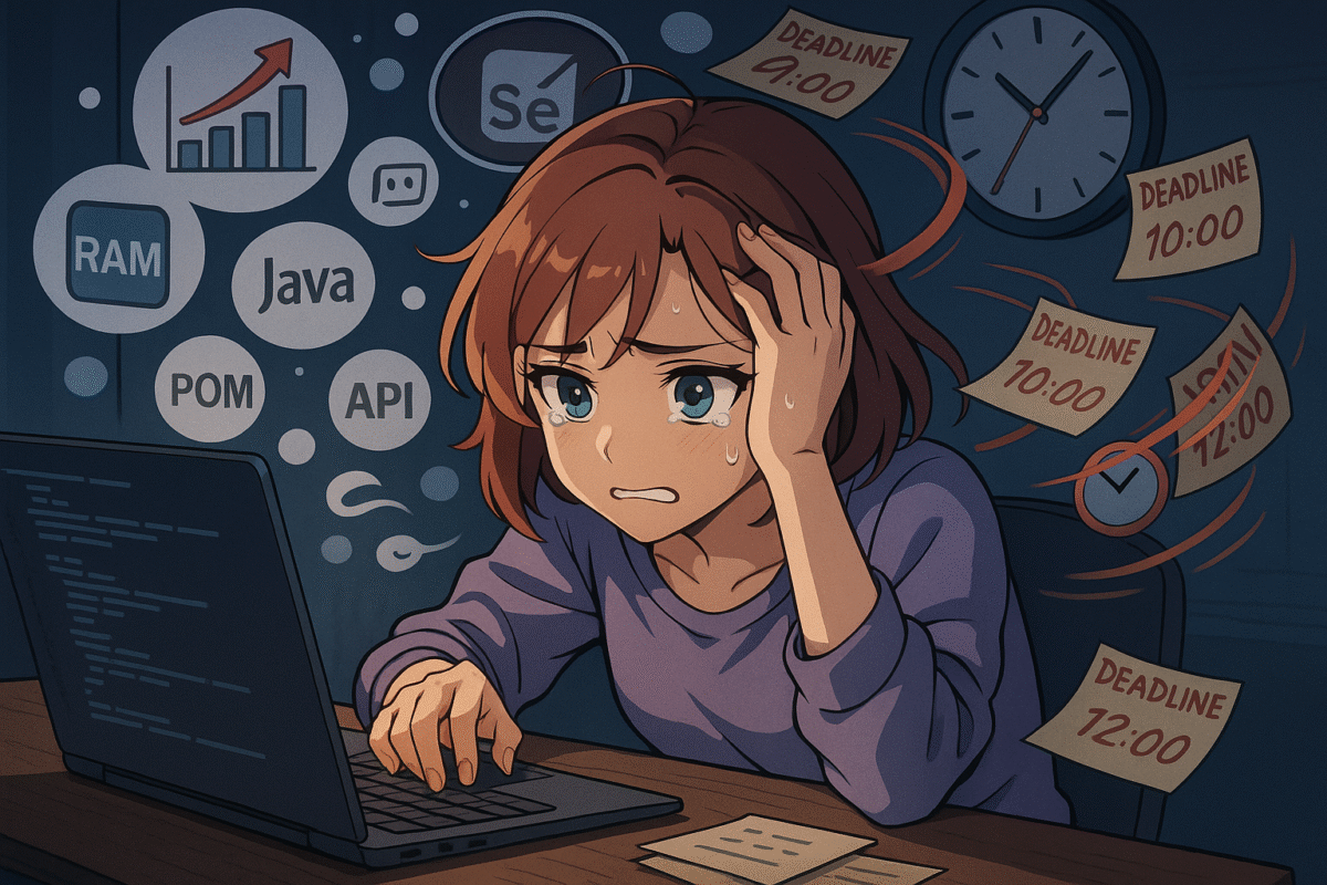 Ilustración anime de una estudiante de bootcamp trabajando de madrugada ante su laptop; luce frustrada, con ojos vidriosos y una mano en la cabeza, mientras notas con deadlines y un reloj giran a su alrededor. En la pared flotan iconos de Java, Selenium, API, POM, RAM y una gráfica, simbolizando sobrecarga cognitiva.