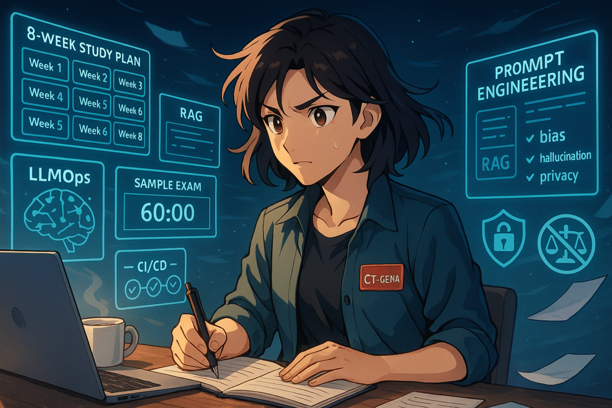 Anime-style tester studying for CT-GenAI at night, surrounded by holographic panels showing an 8-week study plan, prompt engineering, RAG/LLMOps, a 60-minute sample-exam timer, and security/ethics icons.