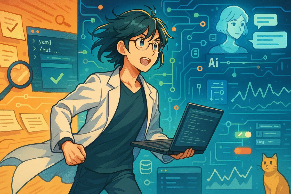 Ilustración estilo anime de una ingeniera de QA con bata blanca, cabello verde y gafas que avanza con una laptop. A la izquierda hay notas y una lupa por pruebas manuales, al centro código y circuitos por automatización, y a la derecha paneles y un asistente de IA. Un gato observa en primer plano.